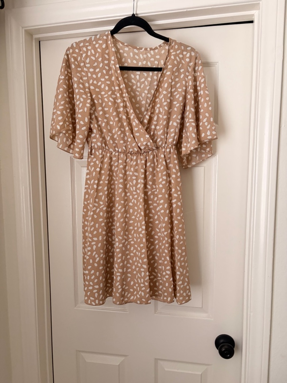 Beige Printed Flutter Sleeve Wrap Dress